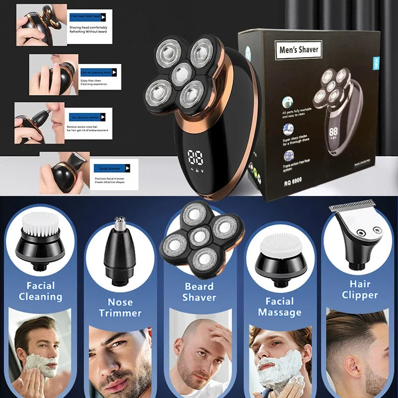 5-in-1 Electric Shaver: Bald Head, Beard & Nose Trimmer